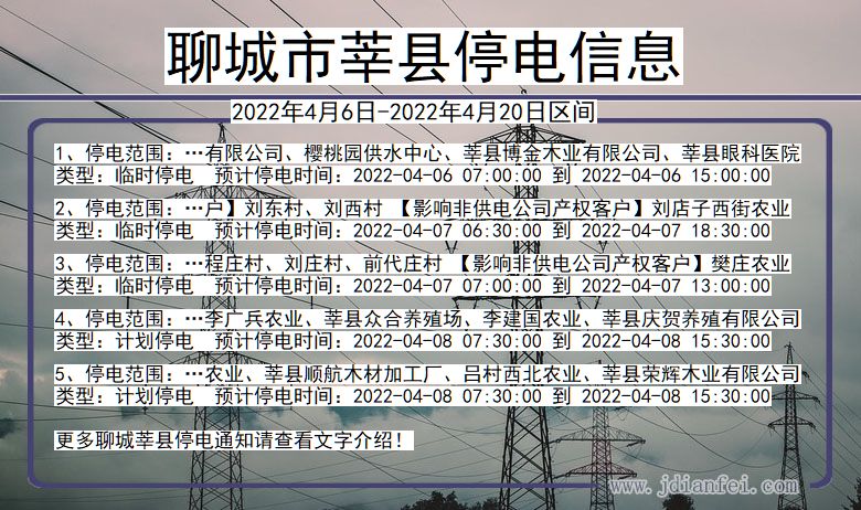 莘县2022年4月6日到2022年4月20日停电通知查询_聊城莘县停电通知