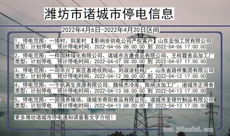 山东省潍坊诸城停电通知