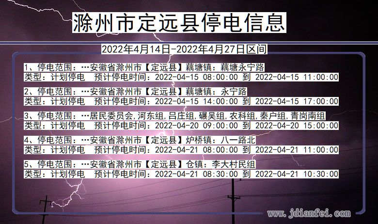 定远停电_滁州定远2022年4月14日到2022年4月27日停电通知查询