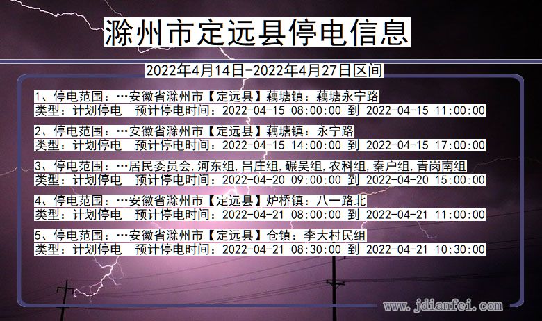 安徽省滁州定远停电通知