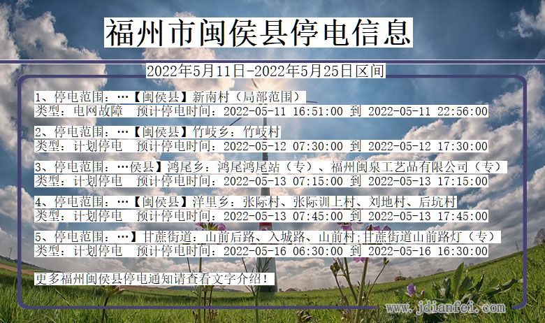 福建省福州闽侯停电通知