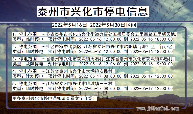 江苏省泰州兴化停电通知