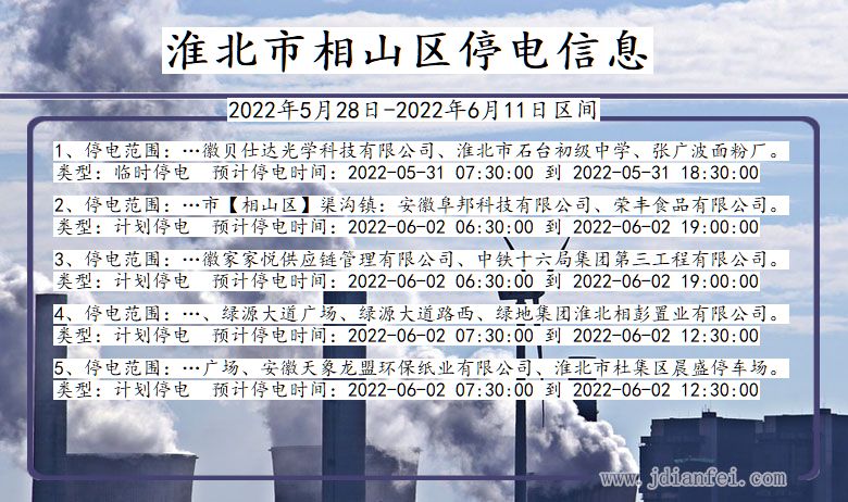 相山停电查询_2022年5月28日到2022年6月11日淮北相山停电通知