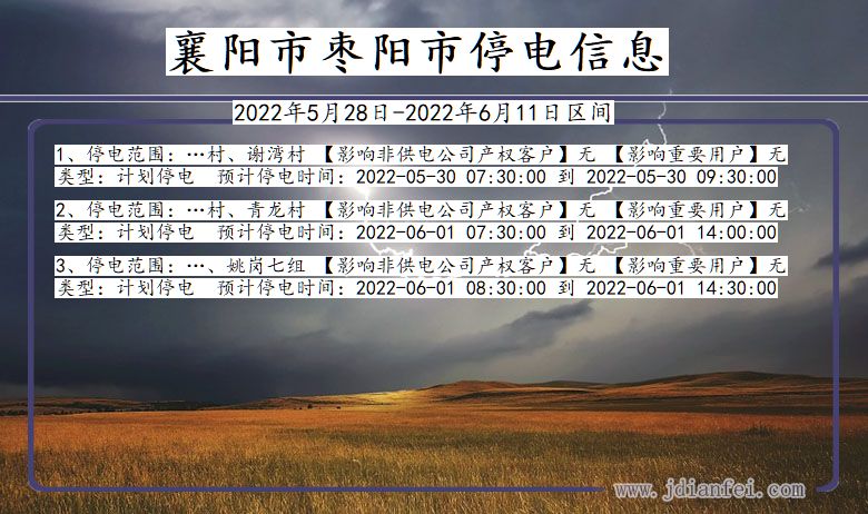 湖北省襄阳枣阳停电通知