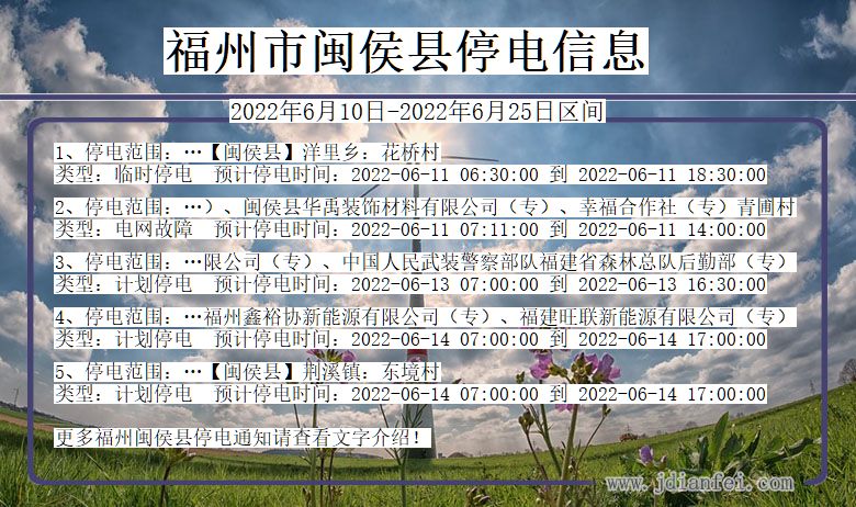 福建省福州闽侯停电通知