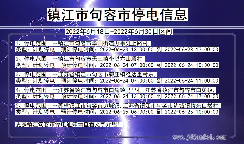 镇江句容停电_句容2022年6月18日到2022年6月30日停电通知查询