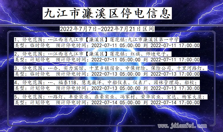 江西省九江濂溪停电通知