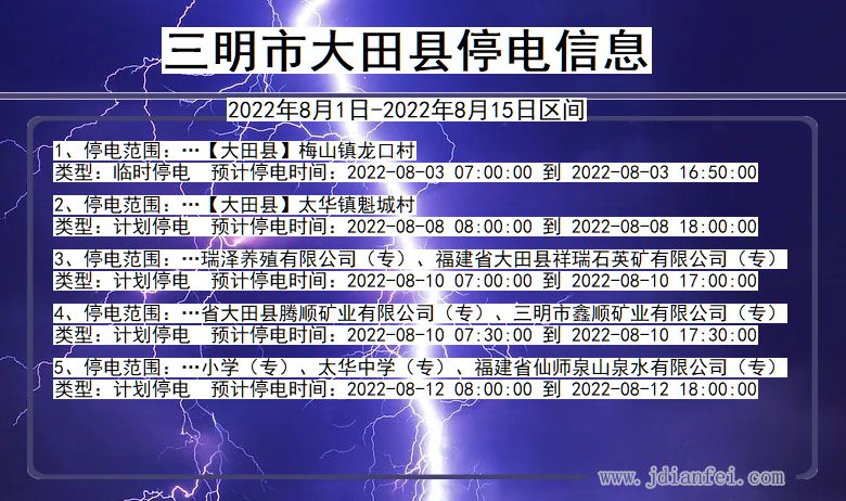 福建省三明大田停电通知