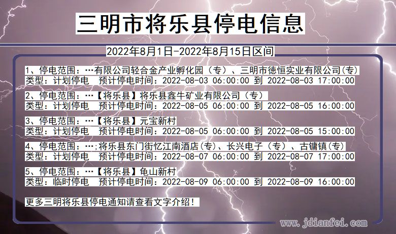 福建省三明将乐停电通知