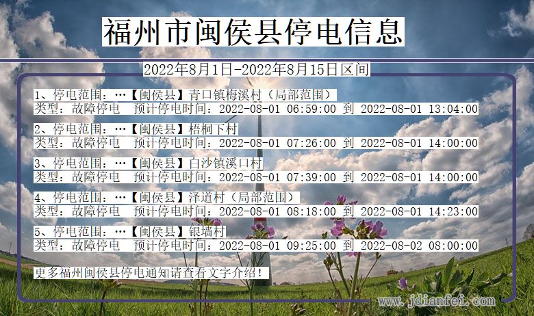 福建省福州闽侯停电通知