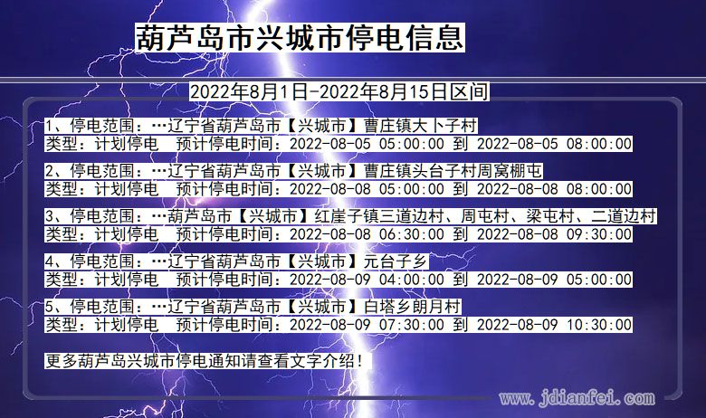 葫芦岛兴城2022年8月1日到2022年8月15日停电通知查询_兴城停电通知