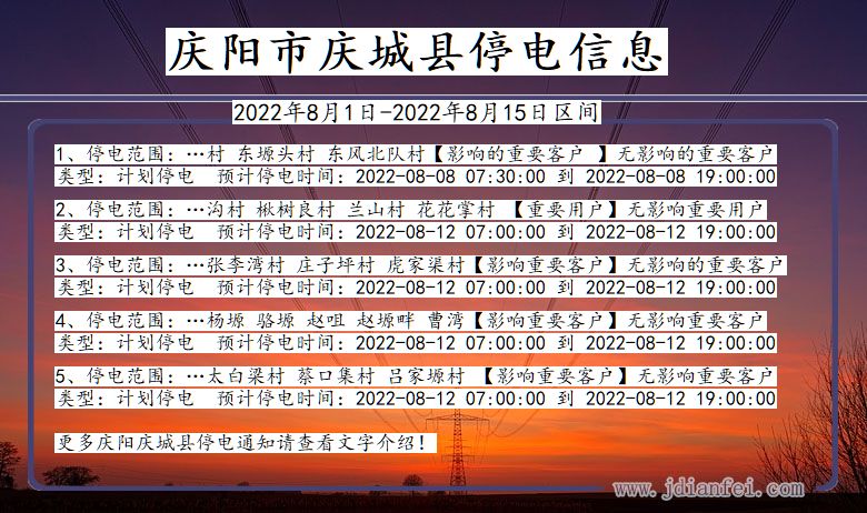 庆阳庆城停电_庆城2022年8月1日到2022年8月15日停电通知查询