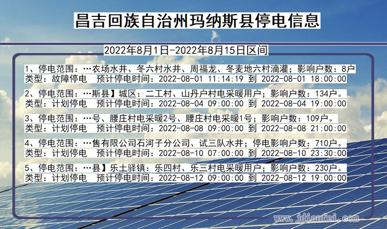 新疆维吾尔自治区昌吉回族自治州玛纳斯停电通知