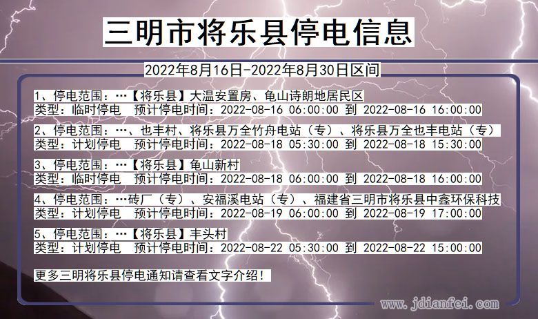 福建省三明将乐停电通知