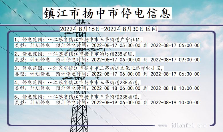 镇江扬中2022年8月16日到2022年8月30日停电通知查询_扬中停电通知