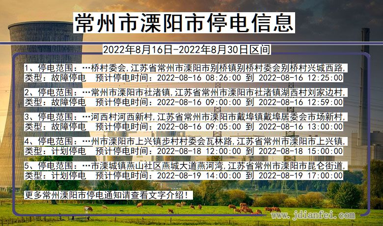 常州溧阳停电_溧阳2022年8月16日到2022年8月30日停电通知查询