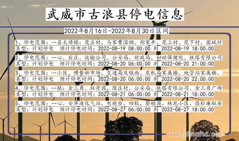 古浪2022年8月16日到2022年8月30日停电通知查询_武威古浪停电通知