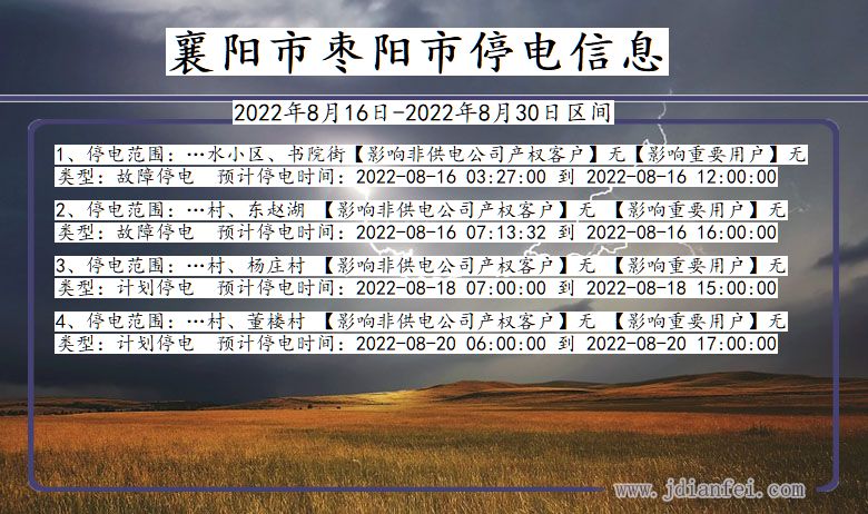 湖北省襄阳枣阳停电通知