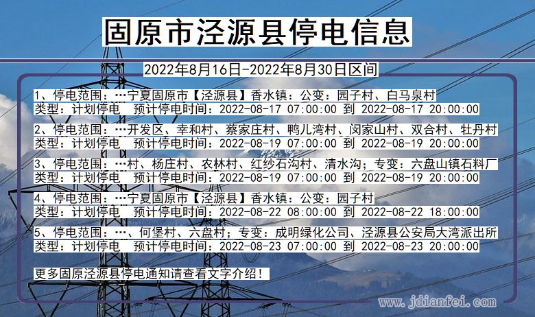 宁夏回族自治区固原泾源停电通知