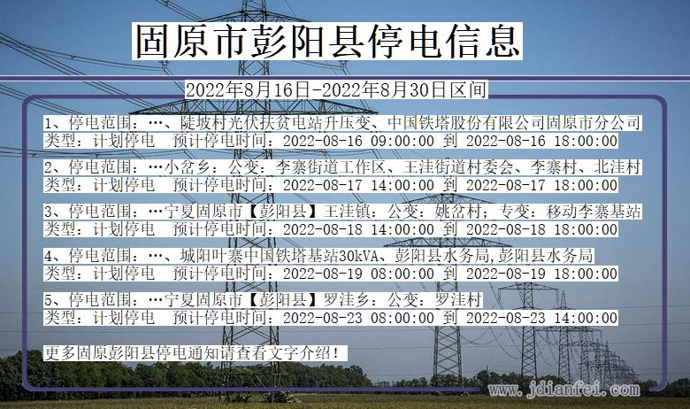 宁夏回族自治区固原彭阳停电通知