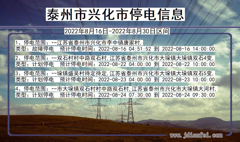 江苏省泰州兴化停电通知