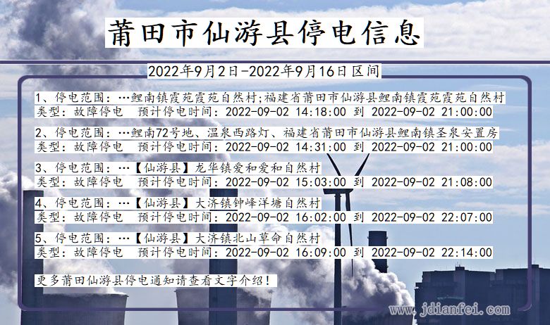 仙游2022年9月2日到2022年9月16日停电通知查询_莆田仙游停电通知