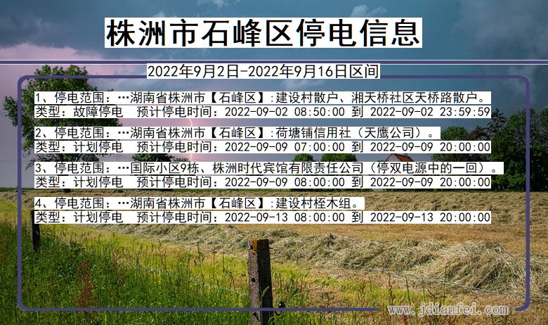 石峰停电_株洲石峰2022年9月2日到2022年9月16日停电通知查询