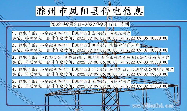 凤阳2022年9月2日到2022年9月16日停电通知查询_滁州凤阳停电通知