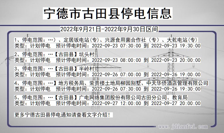 古田2022年9月21日到2022年9月30日停电通知查询_宁德古田停电通知