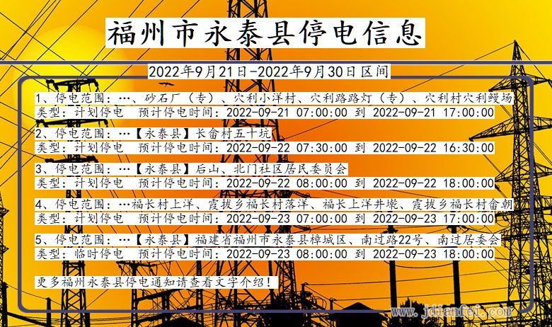 永泰停电_福州永泰2022年9月21日到2022年9月30日停电通知查询