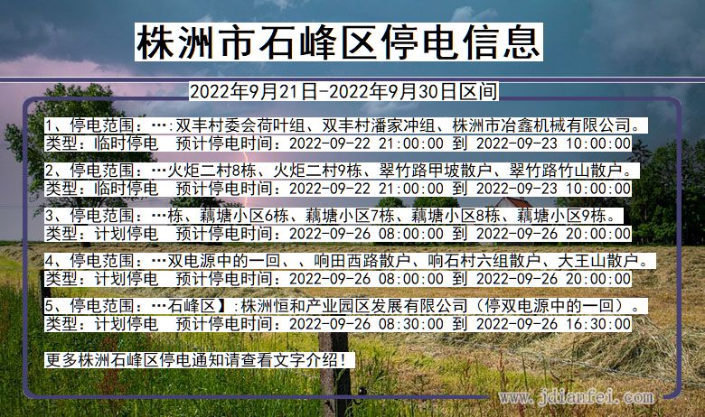 石峰停电查询_2022年9月21日到2022年9月30日株洲石峰停电通知
