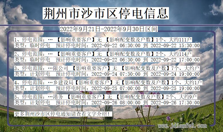 荆州沙停电查询_2022年9月21日到2022年9月30日沙停电通知