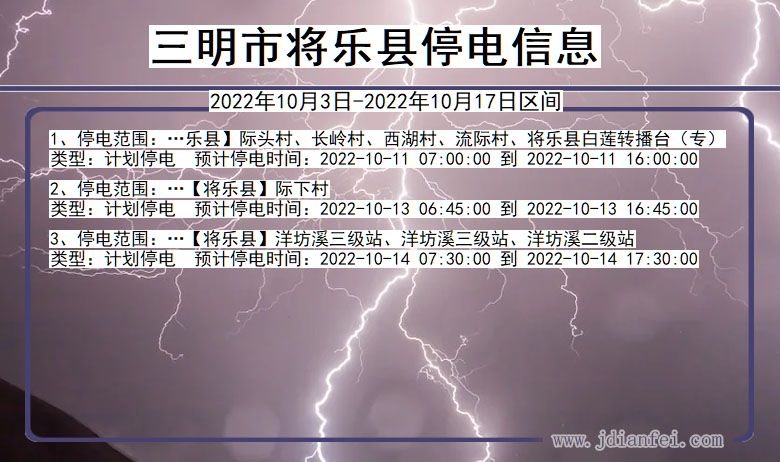 福建省三明将乐停电通知