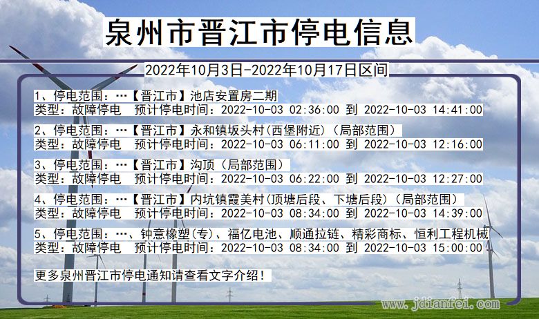 晋江2022年10月3日到2022年10月17日停电通知查询_泉州晋江停电通知