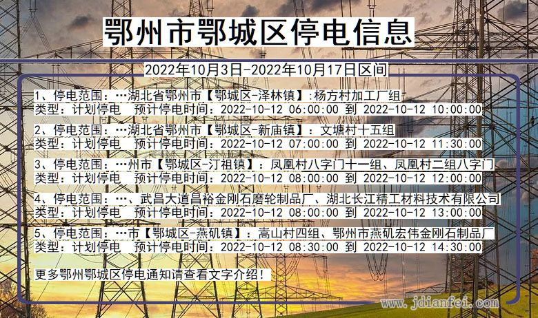 湖北省鄂州鄂城停电通知