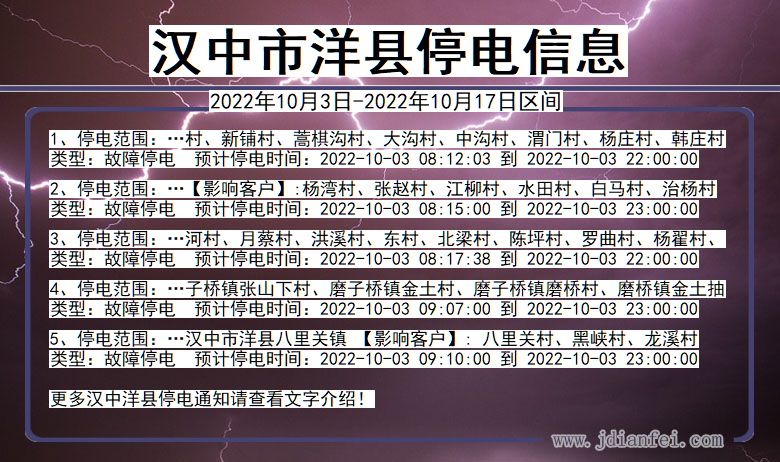 汉中洋县停电查询_2022年10月3日到2022年10月17日洋县停电通知