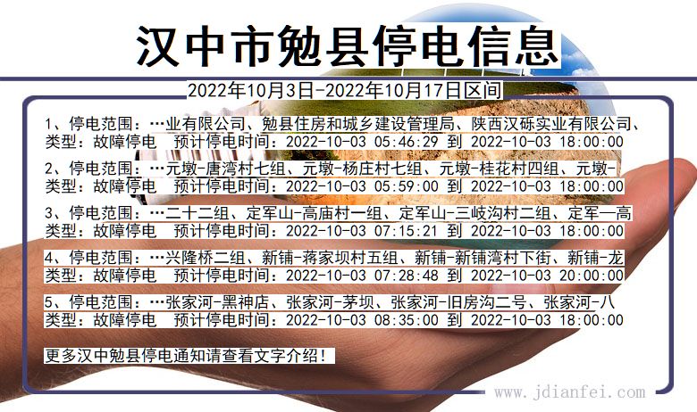 陕西省汉中勉县停电通知