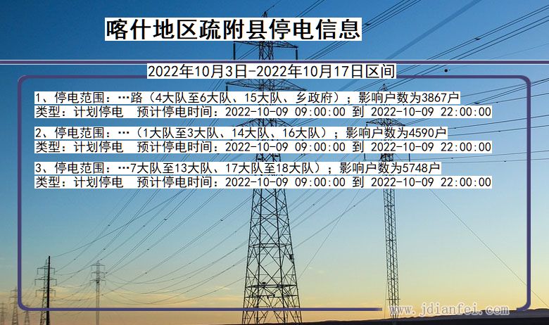 新疆维吾尔自治区喀什地区疏附停电通知