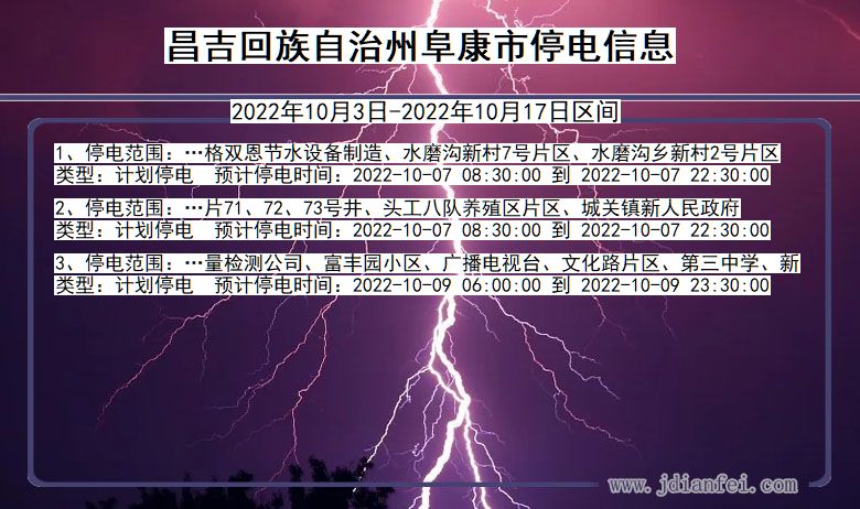 新疆维吾尔自治区昌吉回族自治州阜康停电通知