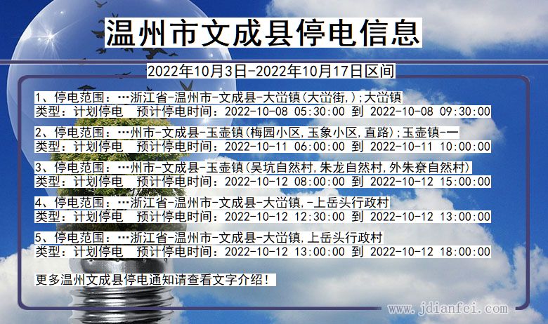 温州文成停电查询_2022年10月3日到2022年10月17日文成停电通知
