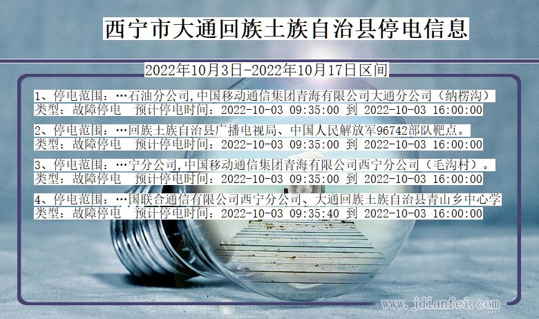 青海省西宁大通回族土族自治停电通知