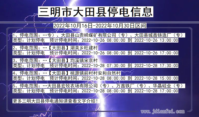 福建省三明大田停电通知