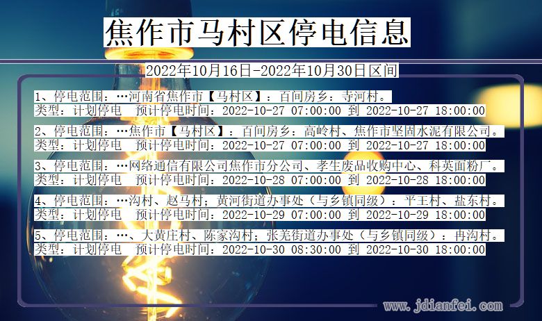 河南省焦作马村停电通知