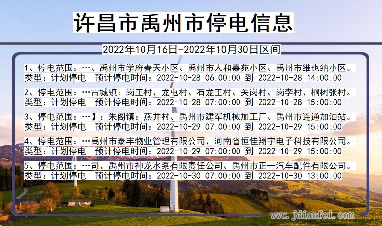 禹州停电查询_2022年10月16日到2022年10月30日许昌禹州停电通知