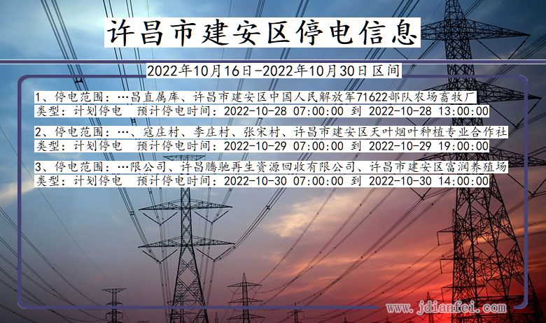 建安2022年10月16日到2022年10月30日停电通知查询_许昌建安停电通知