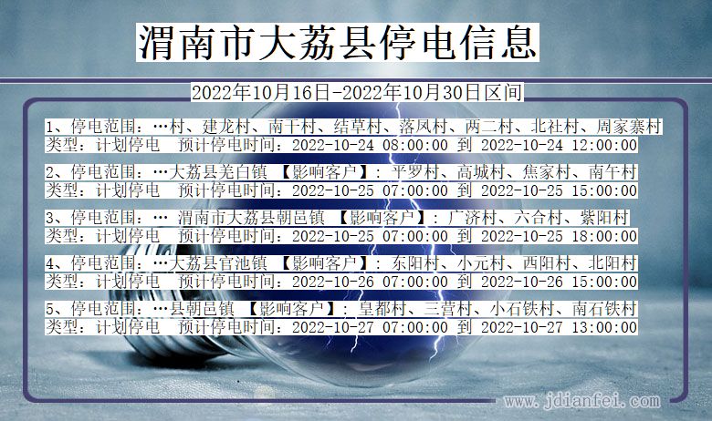 渭南大荔停电_大荔2022年10月16日到2022年10月30日停电通知查询