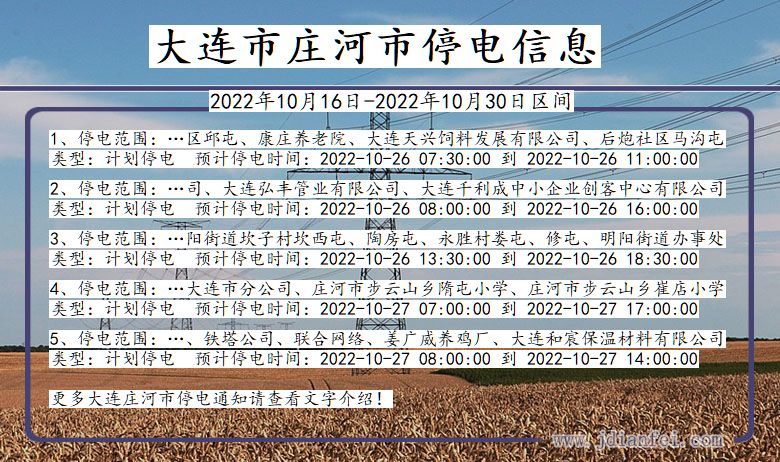 大连庄河停电查询_2022年10月16日到2022年10月30日庄河停电通知
