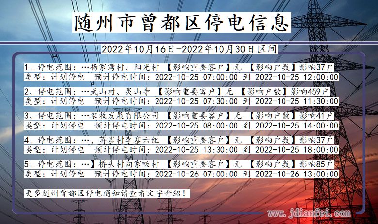 随州曾都停电查询_2022年10月16日到2022年10月30日曾都停电通知