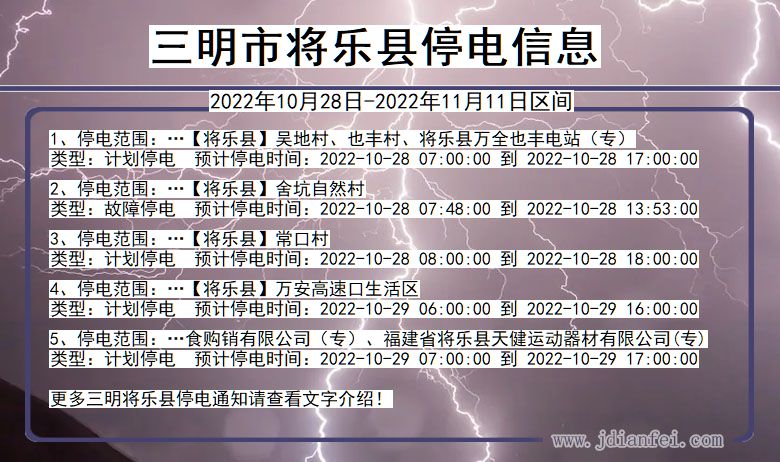 福建省三明将乐停电通知