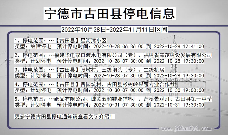 福建省宁德古田停电通知